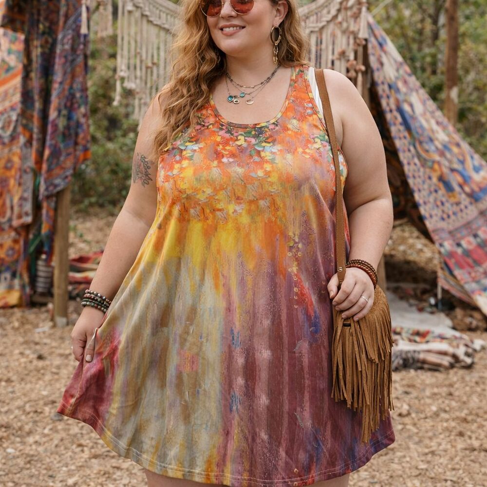 Plus Size Tank Dress 2XL Boho Floral Ombre Swing Sundress Casual Summer Flowy